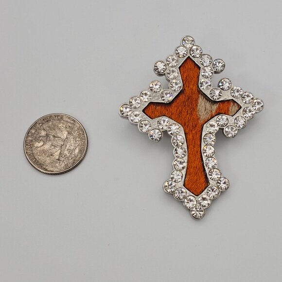 Cross Pendant Rhinestone Western Orange Leather Silver Tone 2.75" Faith Cowgirl - Picture 5 of 14